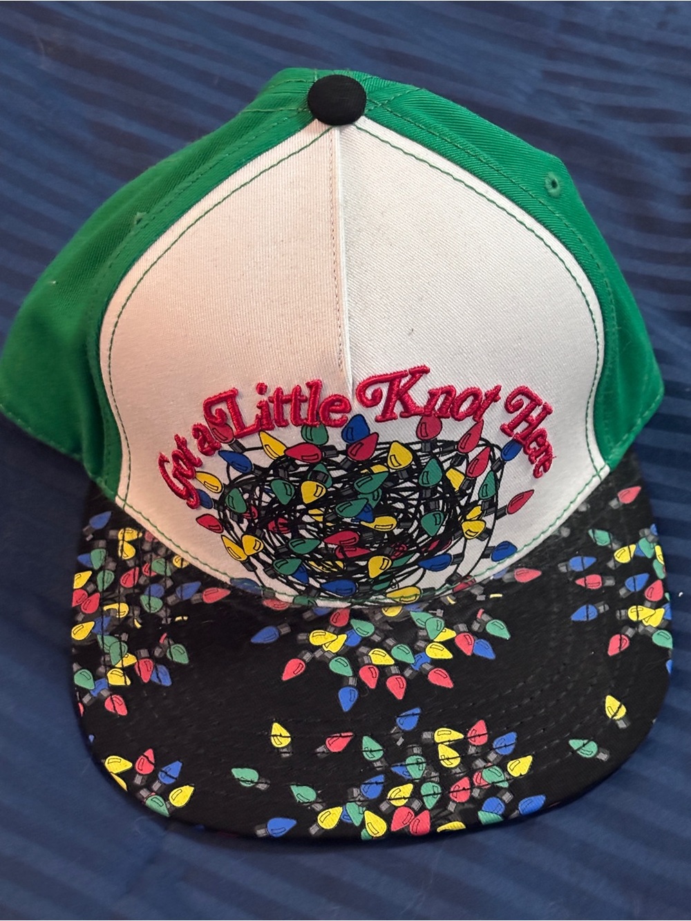 Men’s Snap back Green and White Cap with Holiday Lights